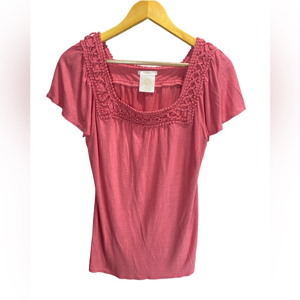 Matty M Coral Pink Square Neck Blouse | Medium | 100% Rayon | Short‎ Sleeve